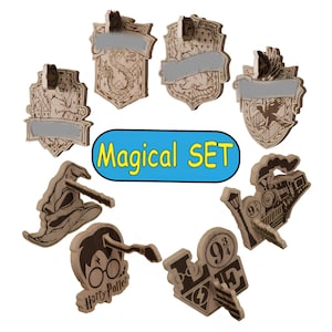 May include: A collection of wooden cutouts featuring various designs, including shields, a sorting hat, and a train. The text "Magical SET" is displayed in a blue oval. The cutouts are in shades of brown and beige.