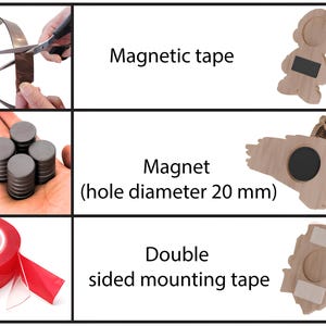 May include: An image showcasing various adhesive and magnetic products. Includes magnetic tape being cut, a stack of magnets, and a roll of double-sided mounting tape. Text labels identify each item: "Magnetic tape", "Magnet (hole diameter 20 mm)", and "Double sided mounting tape".