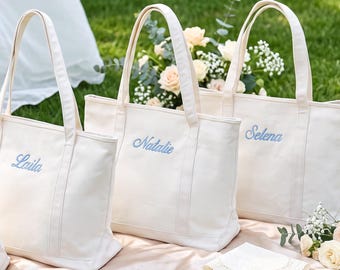 Gepersonaliseerde canvas draagtas, cadeau voor bruidsmeisjes, tas met geborduurde naam, bedankje voor vrijgezellenfeest