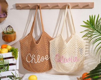 Personalisierte gehäkelte Strandtasche, Sommer-Strohtasche für den Urlaub, Geschenk mit gestickten Initialen