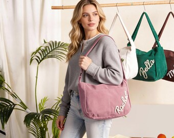 Custom Corduroy Tote bag, Personalized Name tote Bag,Bridesmaid Gift, Travel Crossbody Bag  with Adjustable Strap,Birthday Gift,Gift For Her