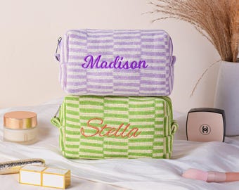Personalized  Travel Toiletry Bag, Embroidery  Stripe  Pouch, Bridesmaid Gifts, Vacation Gift, Bachelorette Favors, Christmas Gift