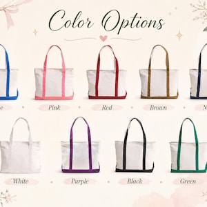 K&ouml;nnte beinhalten: Eine Sammlung von neun Canvas-Tragetaschen in zwei Reihen, jede mit wei&szlig;em K&ouml;rper und farbigen Griffen sowie Boden. Die Farben sind Blau, Pink, Rot, Braun, Marineblau, Wei&szlig;, Lila, Schwarz und Gr&uuml;n. Der Text Color Options ist oben zentriert.