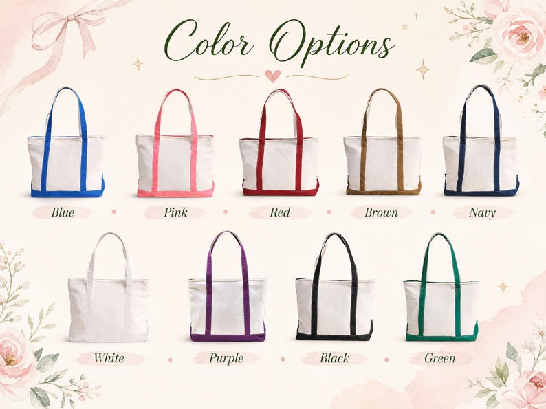 K&ouml;nnte beinhalten: Eine Sammlung von neun Canvas-Tragetaschen in zwei Reihen, jede mit wei&szlig;em K&ouml;rper und farbigen Griffen sowie Boden. Die Farben sind Blau, Pink, Rot, Braun, Marineblau, Wei&szlig;, Lila, Schwarz und Gr&uuml;n. Der Text Color Options ist oben zentriert.