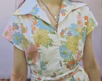 1970s Inspired Floral Jumpsuit, Handmade Slow Fashion, Summer Vacation Outfit, Playsuit with Pockets