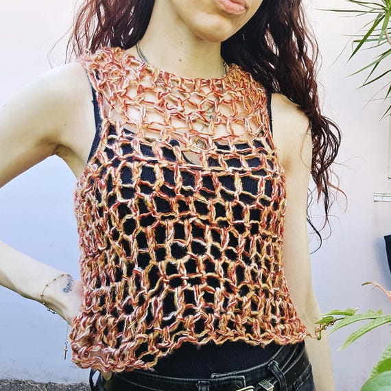 Crochet Orange Mesh Tank Top, Mesh Summer Crop Top, Crochet Summer