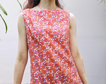 1970s Inspired Pink Day Dress, Drop Waist Shift Dress Dress, Sleeveless Abstract Novelty Print Summer Dress, Preppy Brunch Outfit, Vacation