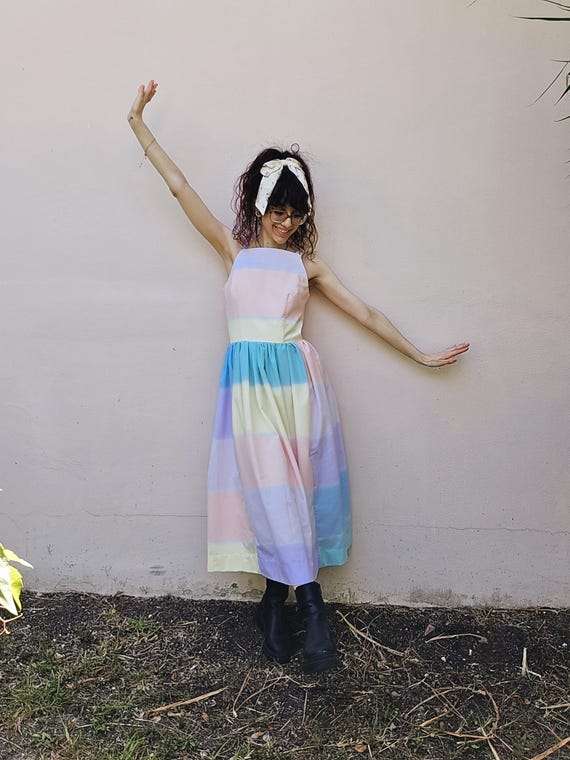1950s Inspired Pastel Rainbow Mid-Length Day Dress, Full Skirt Dress, Summer Brunch Dress, Striped Summer Dress, Dapper Day Dress