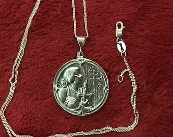 Old Sterling silver Joan of Arc taking Vow pendant 18" necklace new chain