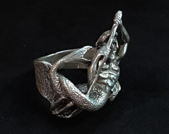 Vintage 1970’s Sterling silver Aquaman mer man mermaid Neptune nautical figural sculpted handmade ring