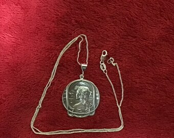 Old Art Deco Revival medal watch fob pendant 18” necklace cameo