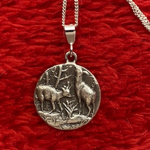 Sterling silver deer in winter 18” pendant old charm lovely forest scene