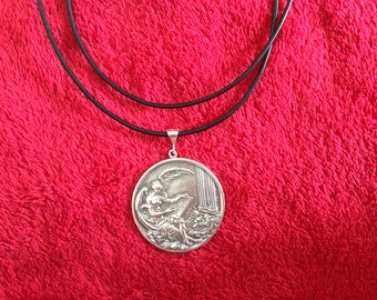 Art Nouveau revival Sterling silver art nouveau angel vintage button pendant charm medal 20” necklace