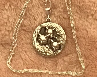 Adorable Sterling silver baby fox kit litter in den hunting scene pendant 18" necklace upcycled vintage button