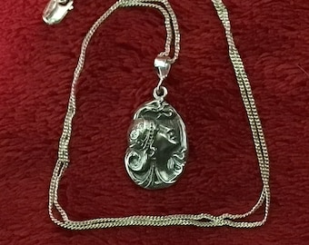 Old Art Deco Revival pendant 18” necklace Repousse Cameo Flapper Girl