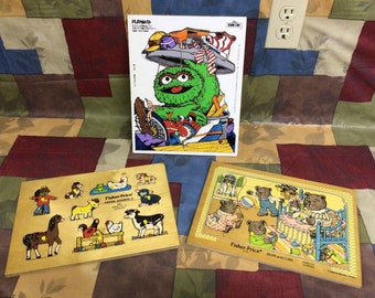 Lot of 3 vintage children’s puzzles Fisher Price and Sesame Street Oscar the Grouch