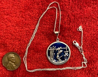 Old Naughty Kitty Sterling silver charm 18” pendant Cobalt enamel pussy cat