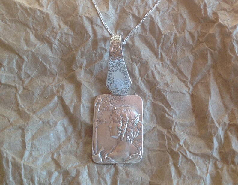 Sterling silver Art Nouveau rectangle Cameo pendant antique silverware spoon and estate fob custom assemblage 18 necklace