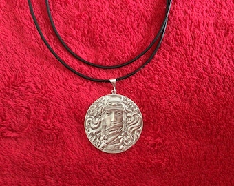 Sterling silver fancy statement necklace fine sharp detail Mucha dancing woman art nouveau large cameo face
