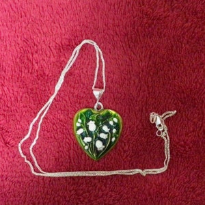 Enameled Sterling silver lily of the valley puffy heart pendant 18” necklace art nouveau revival