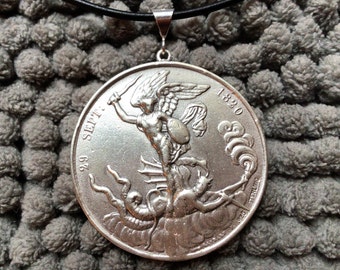 Old Archangel war battle large heavy coin watch fob pendant 20” necklace medal medallion