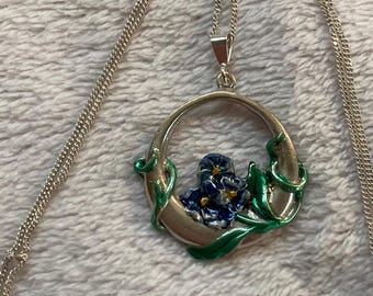 Sterling silver Victorian revival Forget Me Not enameled pendant charm  18" necklace
