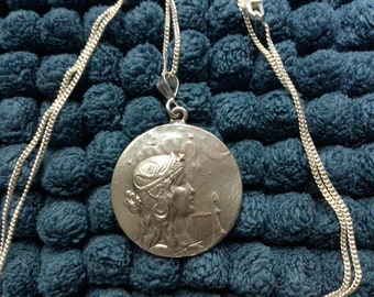 Sterling silver Princess with lyre cameo vintage nouveau revival pendant charm necklace with new 18" chain