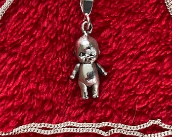 Old Tiny Kewpie baby doll Sterling silver souvenir puffy charm 18” pendant new chain