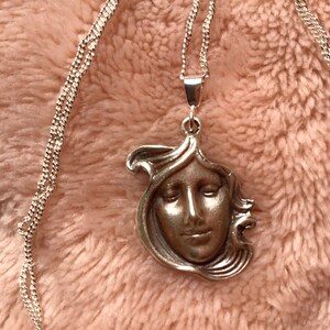 Sterling silver art nouveau cameo style lady face pendant repousse detail necklace with new 18&quot; chain