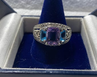 Retro Sterling silver Fancy filigree ring 3 stones size 10