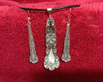 Sterling silver 1899 Gorham Buttercup antique bridal spoon silverware earrings and pendant set handmade in USA