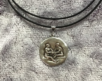 Vintage 1970’s Sterling silver nude man couple scene pendant 20” necklace medal coin medallio gay romance committed relationship