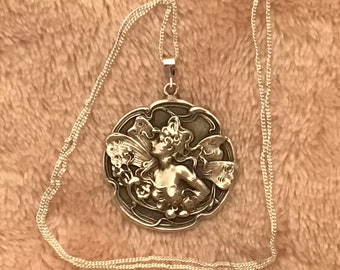 Large Sterling silver Art Nouveau revival fairy nymph pendant button charm pendant handmade with new 18" chain mother and daughter