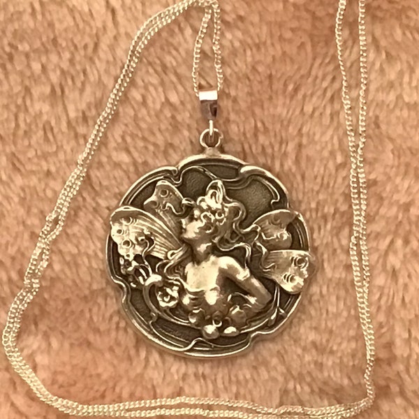 Large Sterling silver Art Nouveau revival fairy nymph pendant button charm pendant handmade with new 18" chain mother and daughter