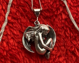 Sterling silver handcarved Sleeping nude Angel Pendant 18" necklace 2 winged
