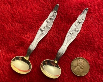 Pair of Lily of the Valley vintage sterling silver Master open salt spoon gilt rare htf
