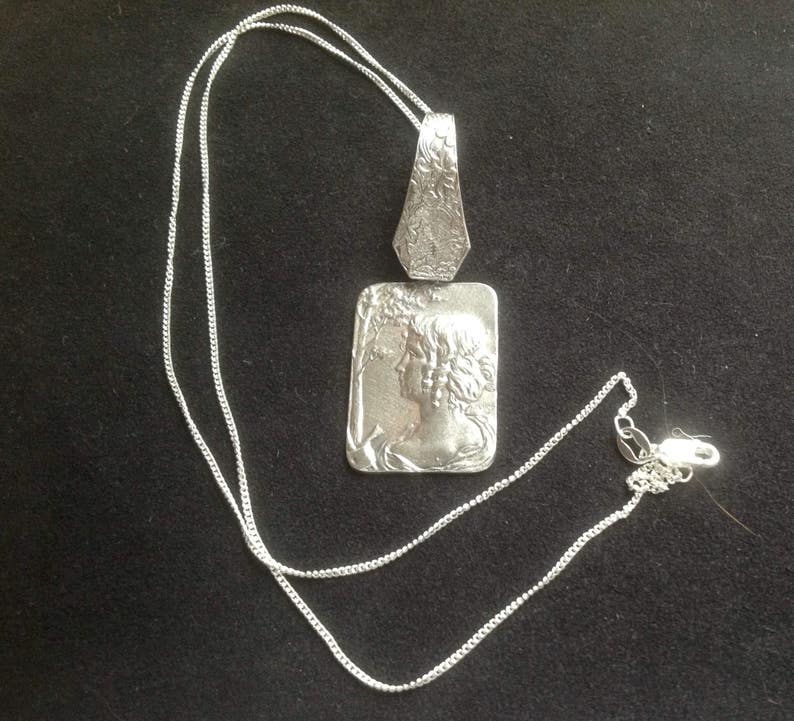 Sterling silver Art Nouveau rectangle Cameo pendant antique silverware spoon and estate fob custom assemblage 18 necklace