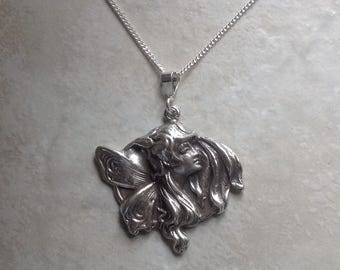 Vintage Sterling silver Art Nouveau fairy pendant 18"