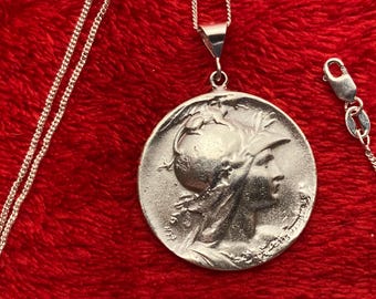 Sterling silver large Liberty Marianne 18" pendant Roman Greco revival charm necklace