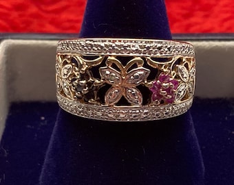 Retro Sterling silver Gold plated Butterfly filigree ring Ruby sapphire flowers