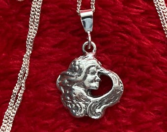 Art Nouveau Revival sterling silver small cameo profile pendant 18” necklace new chain