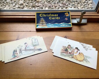 Vintage lot of 6 post Korean War Christmas cards worthy of framing with original box