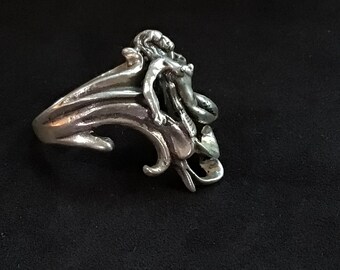 Sterling silver figural Nude Mermaid in waves ring hand carved beach jewelry ooak fantasy sculpture beach ocean jewelry made in USA
