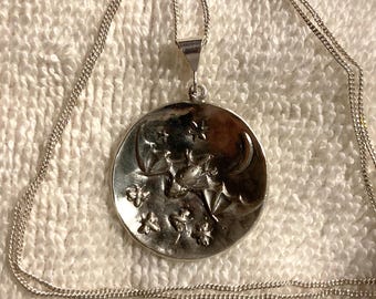 Heavy solid Sterling silver spooky bat old button charm pendant 18” necklace