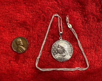 Sterling silver Joan of Arc profile portrait pendant 18” necklace vintage charm