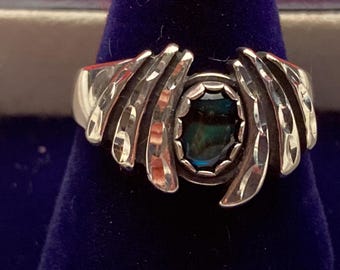 Retro Modernist Sterling silver Fancy filigree Paua shell ring size 7