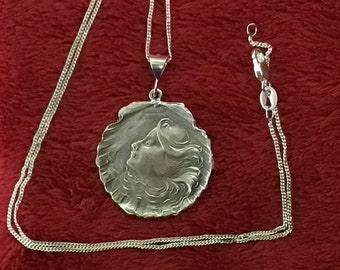 Sterling silver mermaid lady cameo pendant coin medallion pendant 18" necklace