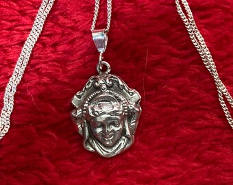 Art Nouveau Revival sterling silver small heavy cameo profile pendant 18” necklace new chain