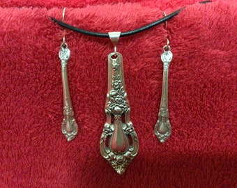 Sterling silver 1953 Lunt Eloquence vintage bridal spoon silverware earrings and pendant set handmade in USA