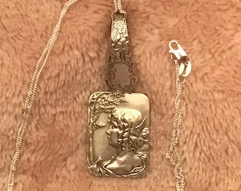 Sterling silver Art Nouveau revival rectangle Cameo pendant antique silverware spoon and estate fob custom assemblage 18" necklace